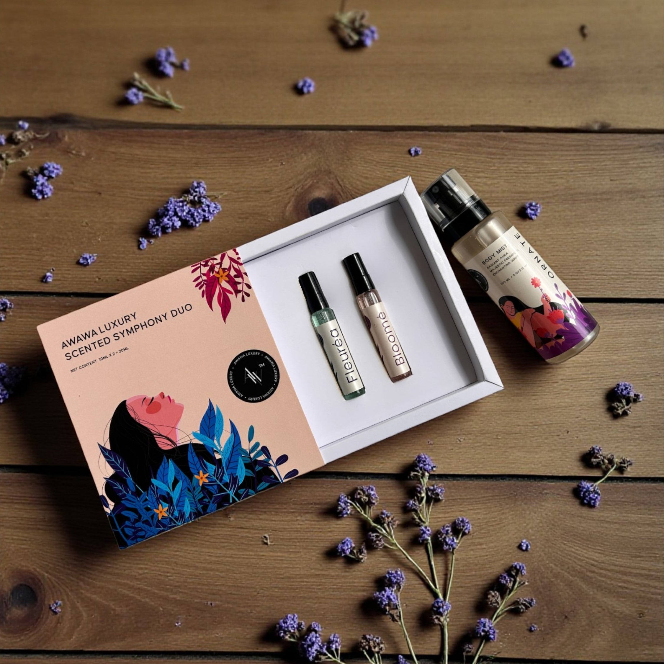 "Premium perfume gift box set featuring luxury fragrances for women with fresh floral arrangement - Awawa Luxury collection"