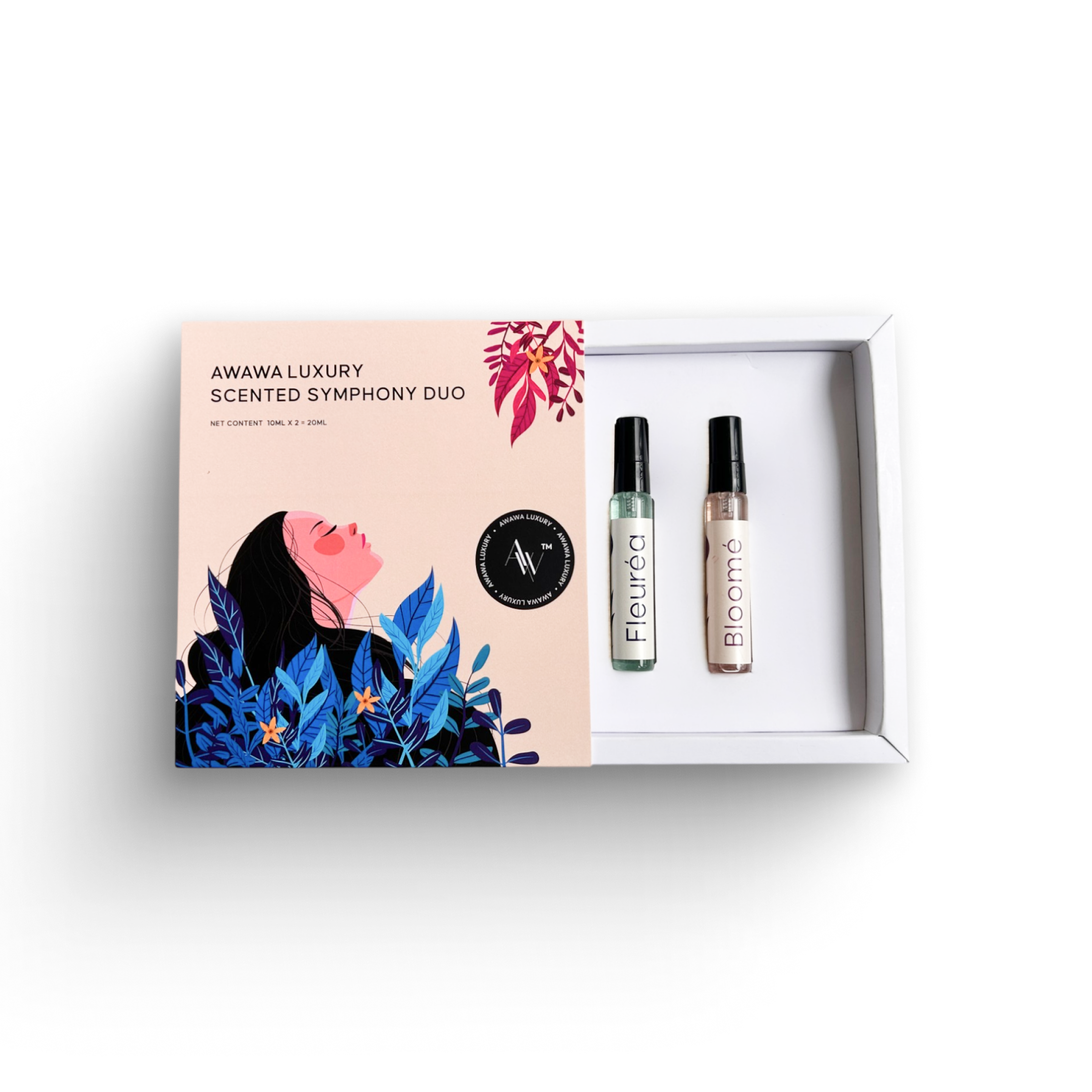 “Awawa Luxury Scented Symphony Duo open gift box with Fleuréa and Bloomé 10ml mini perfumes on white background”