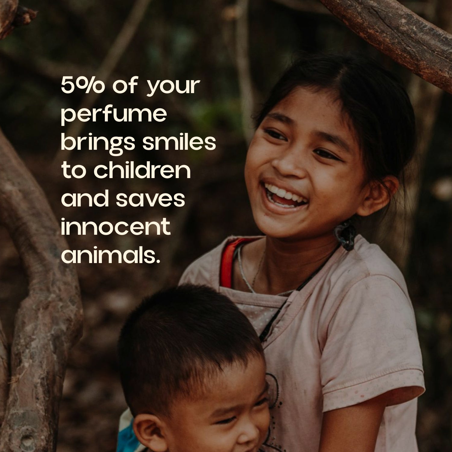 “Brand pledge graphic stating 5% helps children and saves animals, with smiling kids in background”
