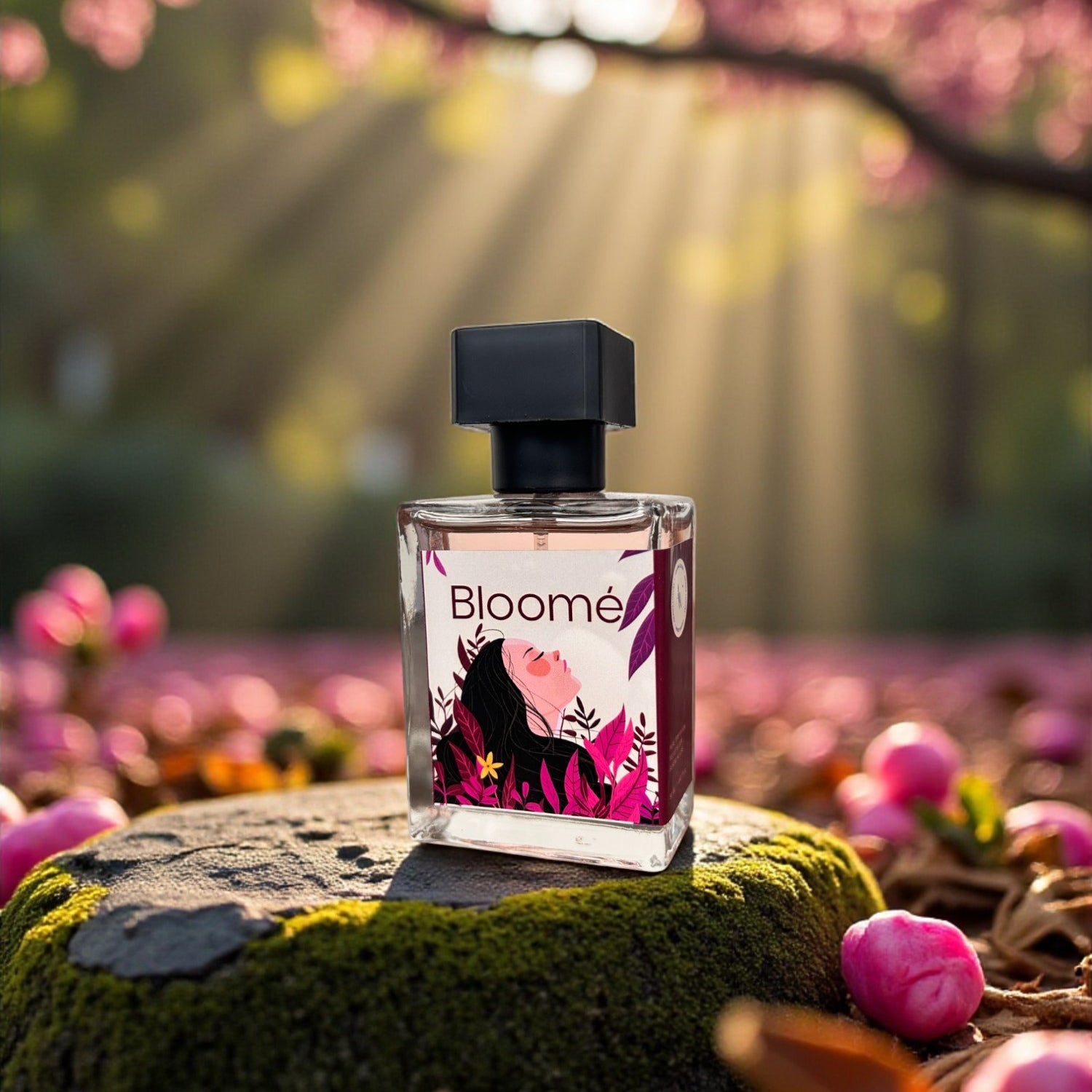 “Bloomé floral perfume 50ml in garden setting with sun rays and pink blossoms”