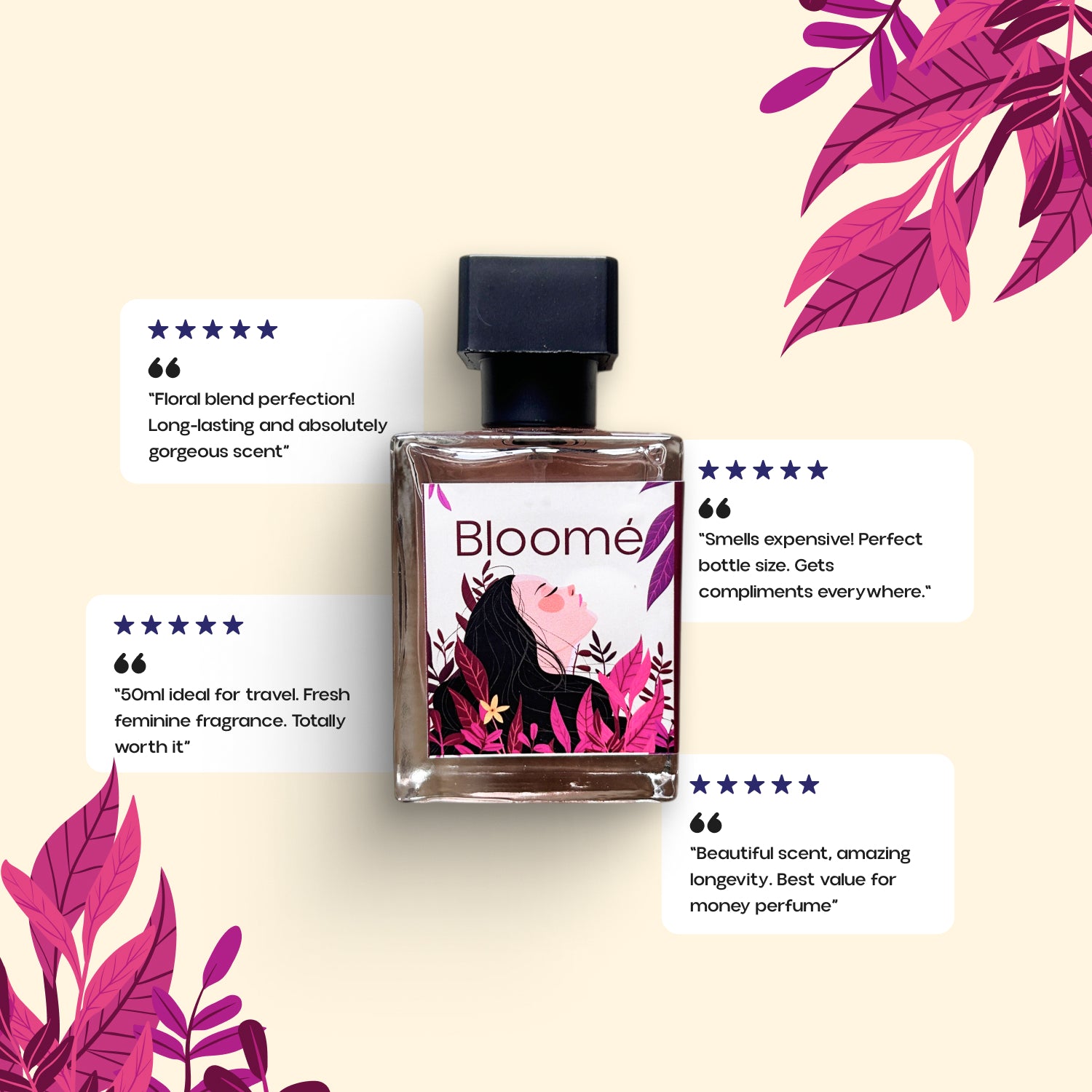 “Bloomé perfume bottle with customer star ratings and review quotes on beige background”