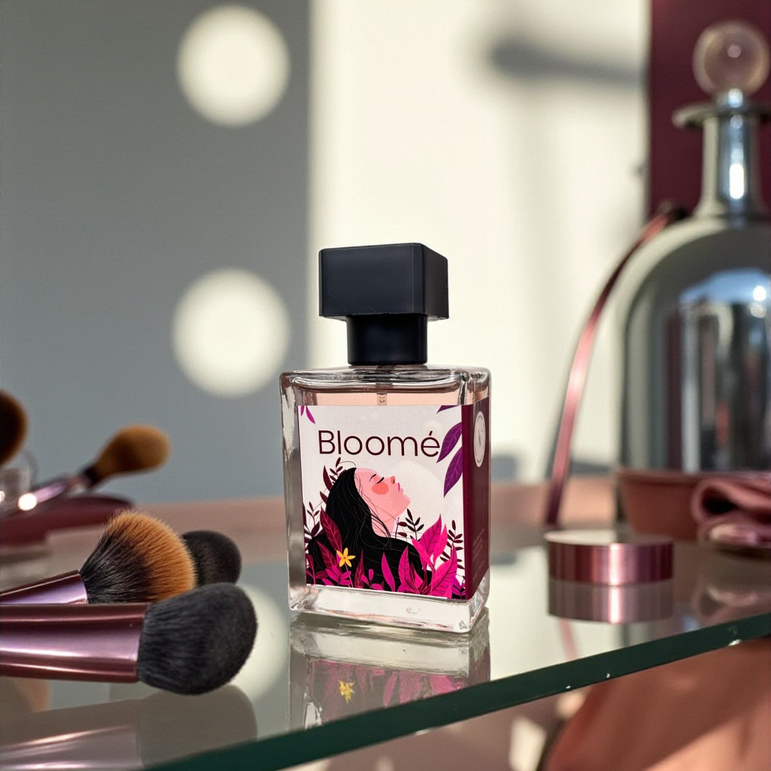 “Bloomé women’s floral perfume 50ml on vanity with makeup brushes in soft daylight”