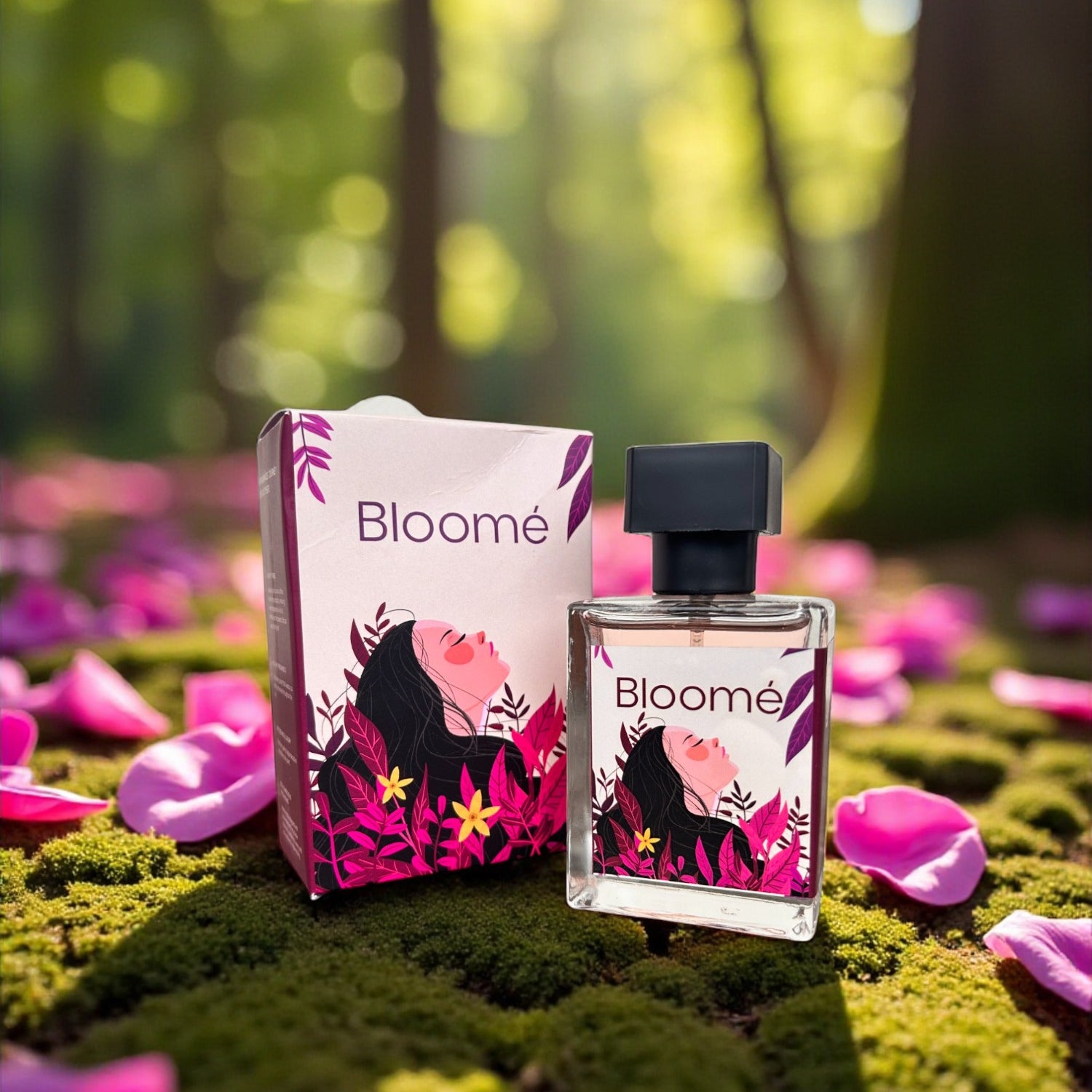 “Bloomé perfume 50ml with packaging box on moss with pink petals”