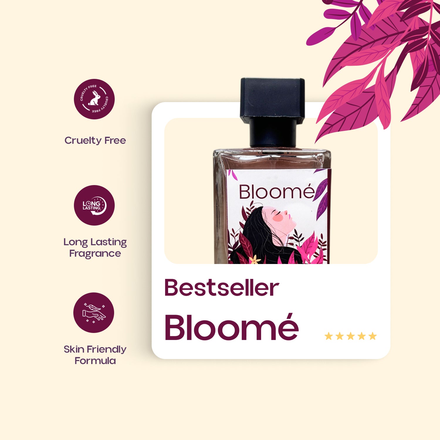 “Bloomé perfume bestseller card showing bottle with icons for cruelty free, long lasting, skin friendly”