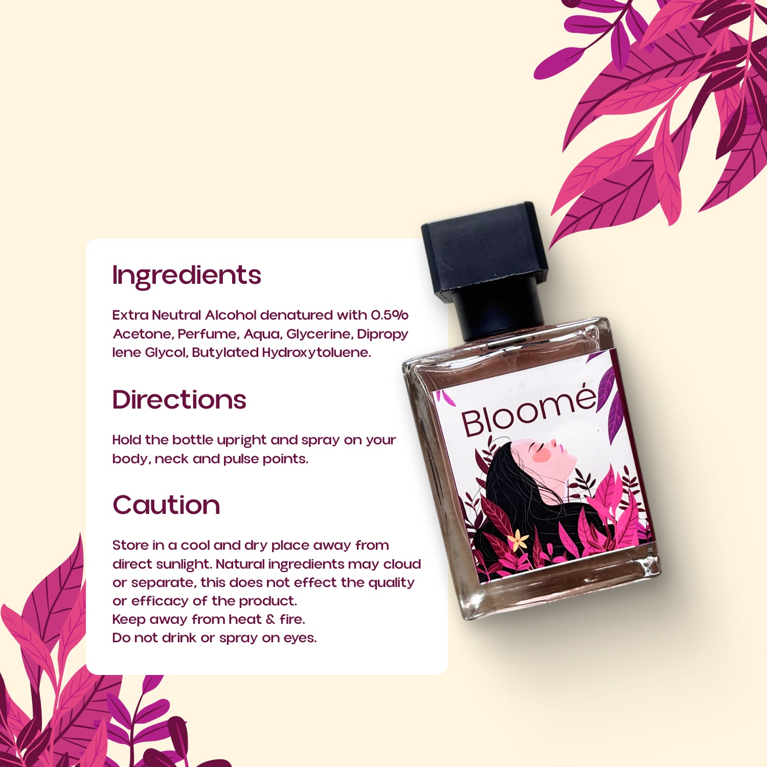 “Bloomé perfume bottle with ingredients, directions and caution panel on beige background with leaves”