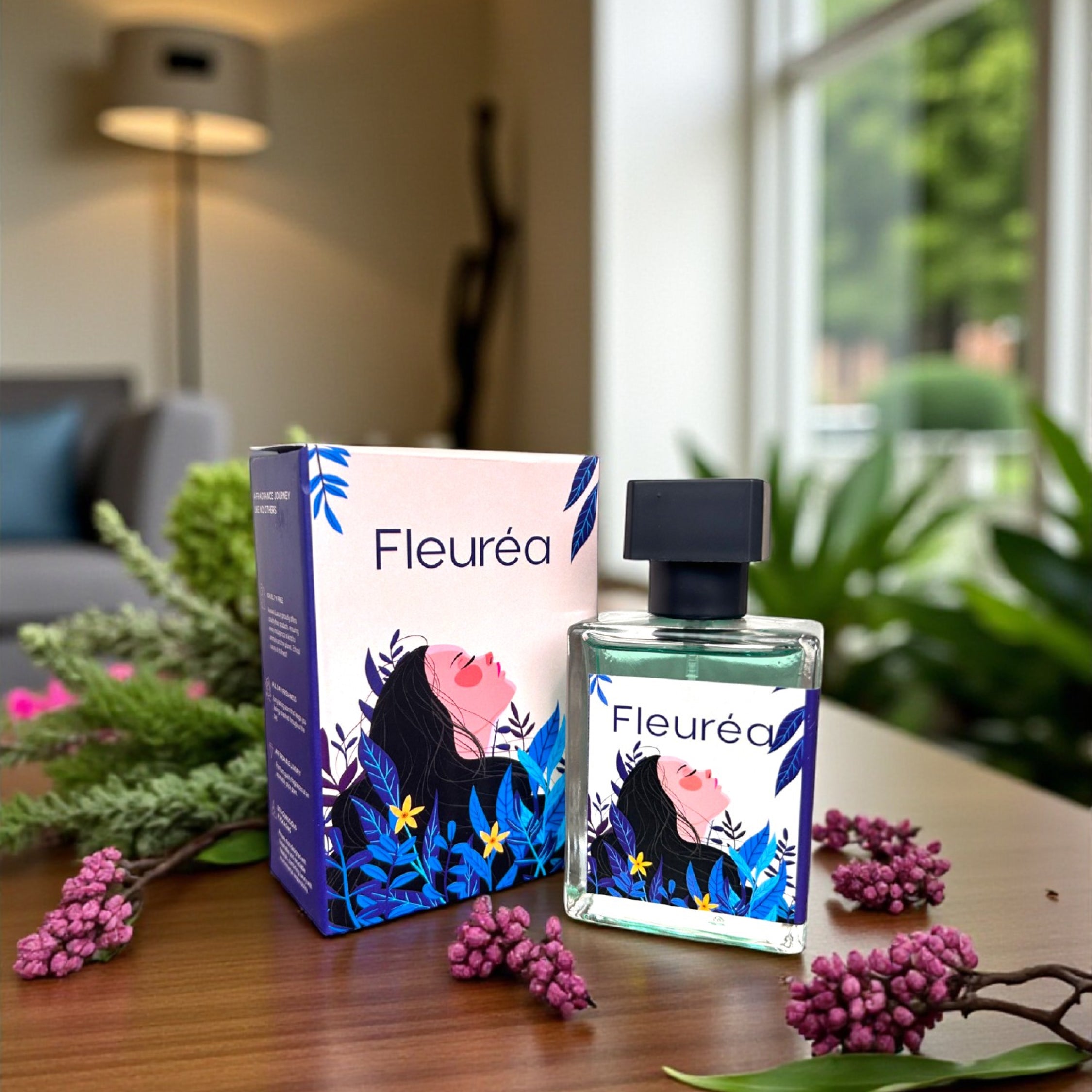 "Fleureá perfume bottle and matching box on a wooden table near a window with indoor plants."