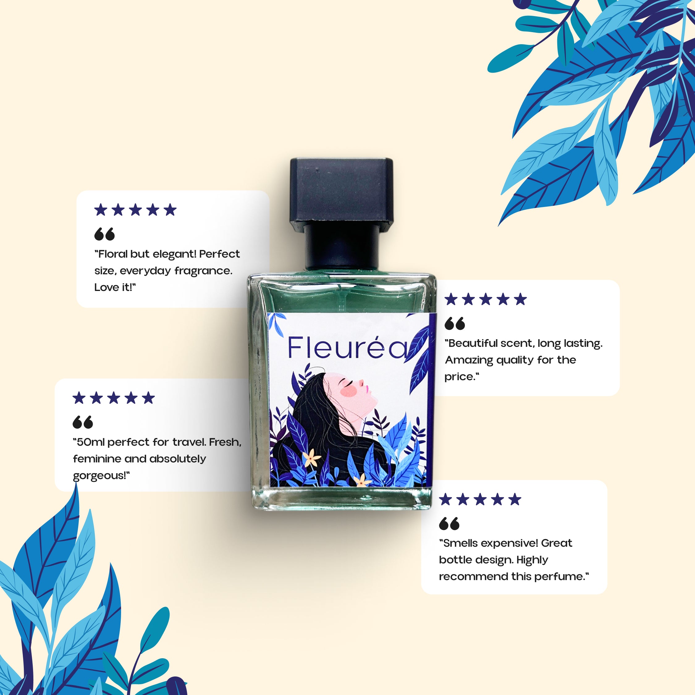 "Fleureá perfume bottle surrounded by star ratings and customer review quote cards on a beige background."