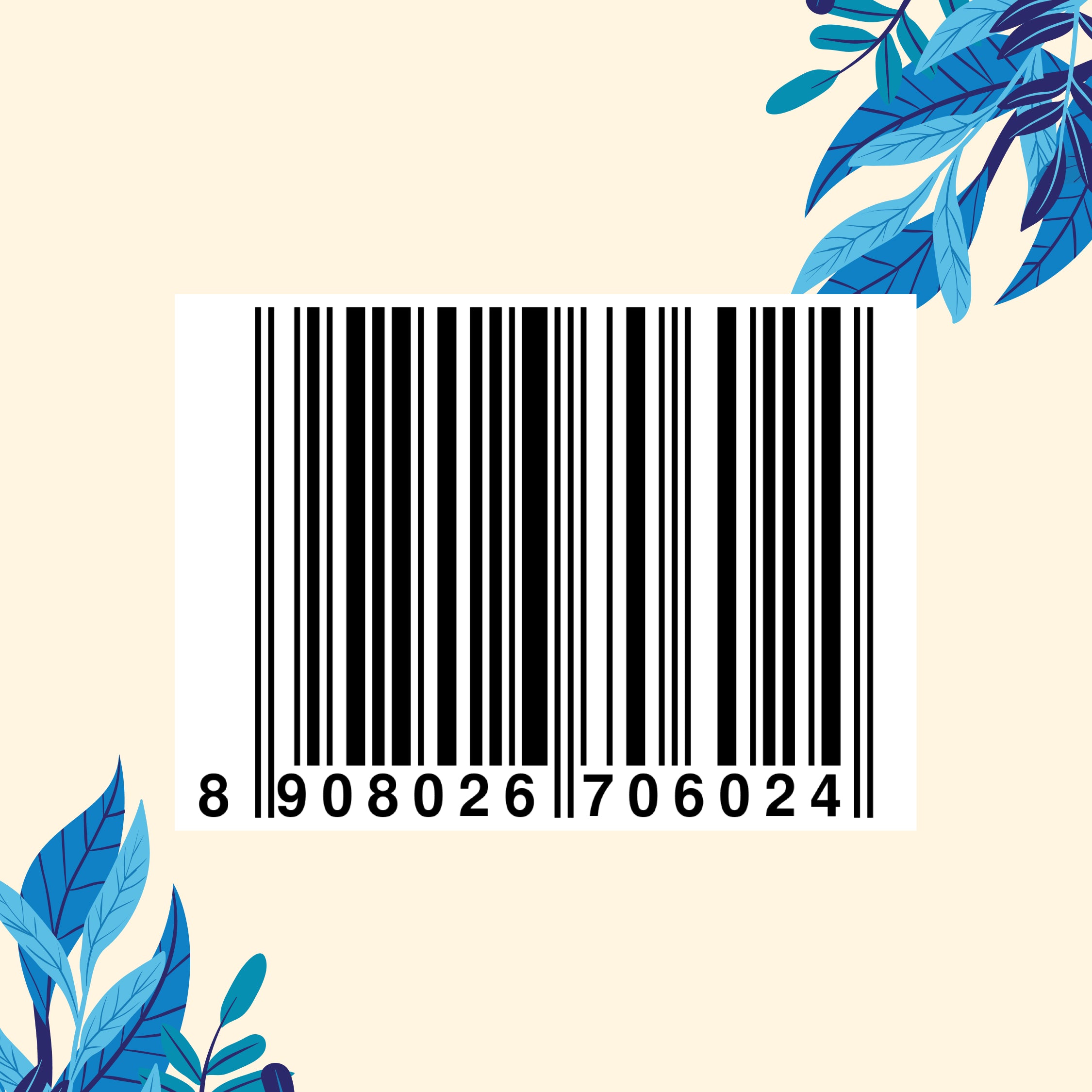 "EAN‑13 barcode 8908026706024 on a white card with blue leaves in the corners"