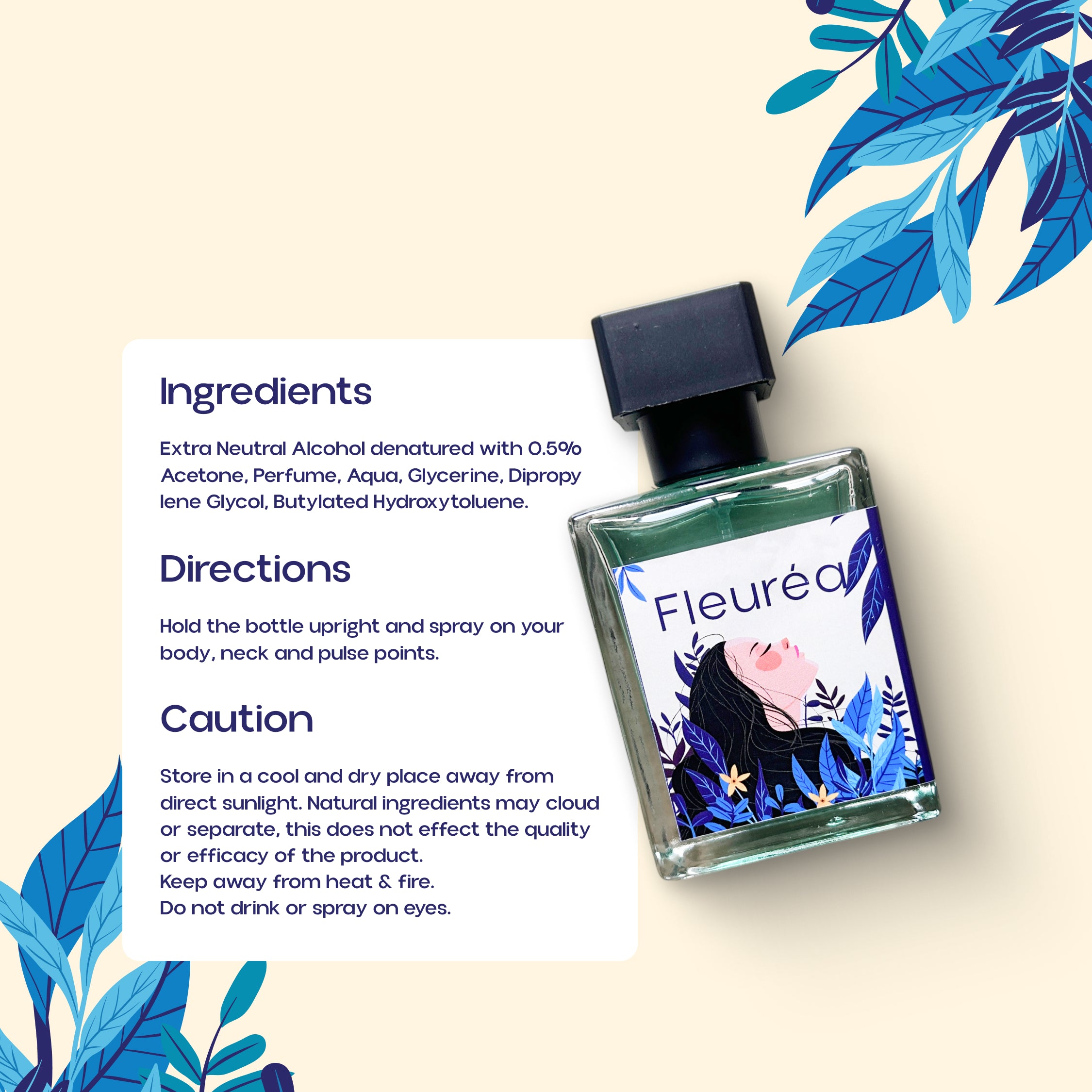 "Fleureá perfume bottle next to a panel showing Ingredients, Directions, and Caution information"