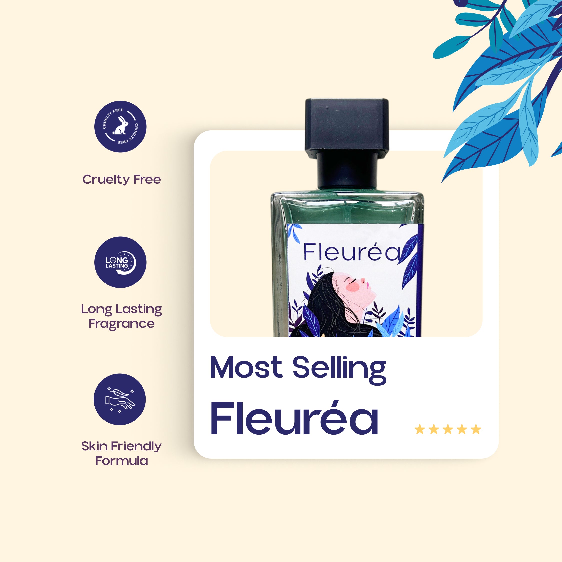 "Fleureá perfume bottle with badges and text: Cruelty Free, Long Lasting Fragrance, Skin Friendly Formula, captioned Most Selling"