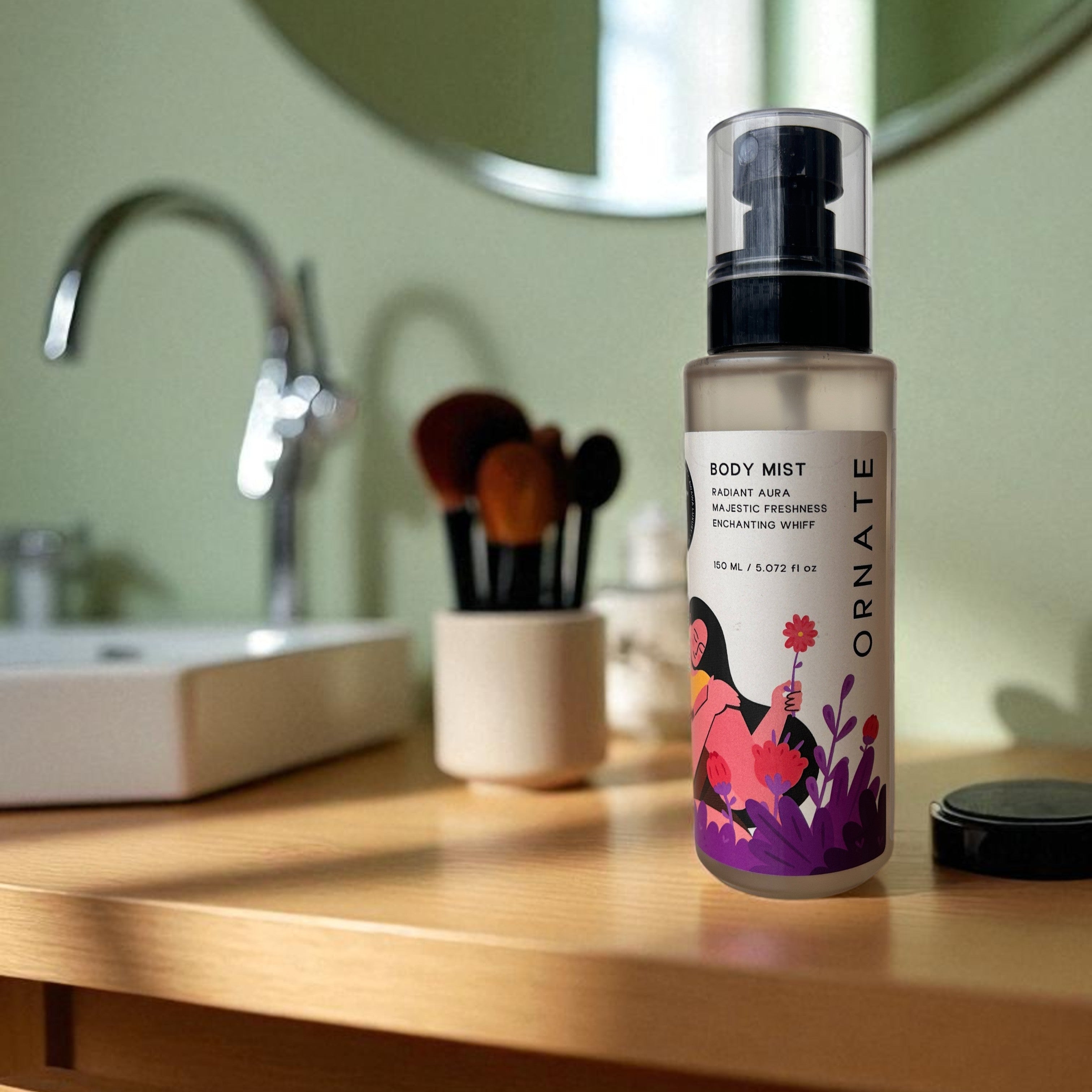 “Awawa Luxury Ornate Body Mist 150 ml on bathroom counter near mirror and makeup, daily body mist for women”