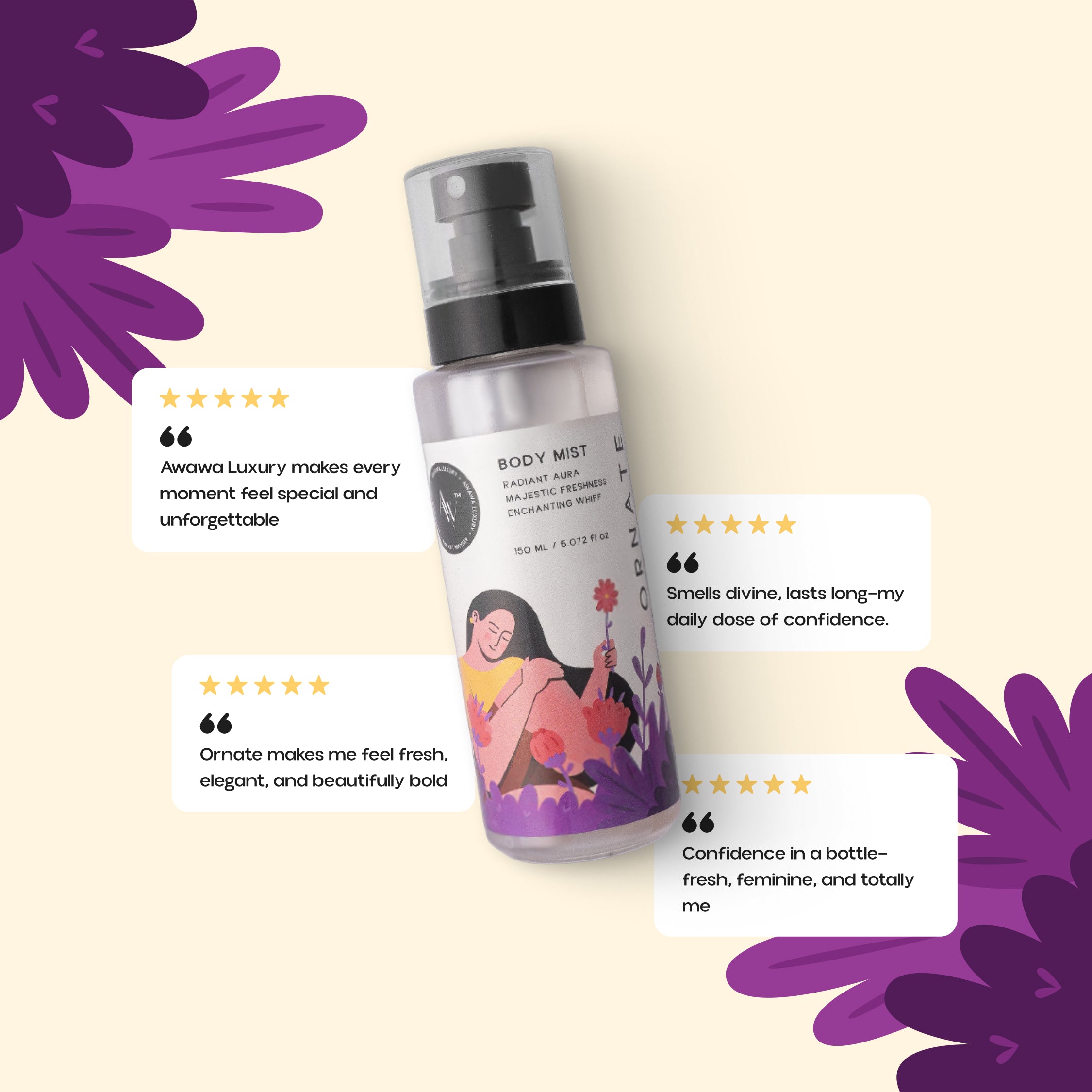 Awawa Luxury body mist with floral packaging and positive customer reviews around the bottle
