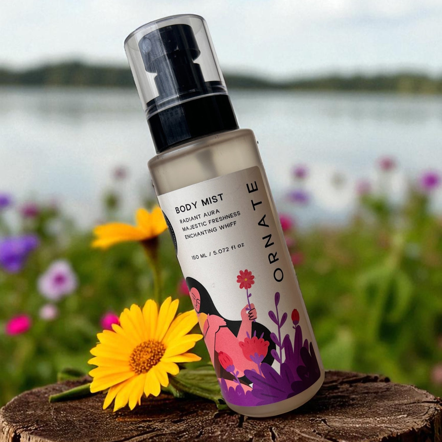 “Awawa Luxury Ornate Body Mist 150 ml on a stump with yellow daisy, fragrance mist for women in nature”