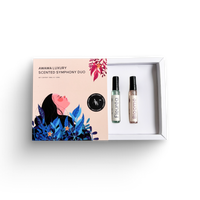 “Awawa Luxury Scented Symphony Duo open gift box with Fleuréa and Bloomé 10ml mini perfumes on white background”