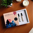 “Open Scented Symphony Duo gift box on wooden table showing Fleuréa and Bloomé 10ml vials”