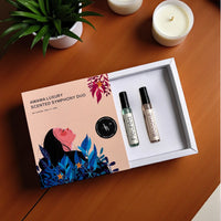 “Open Scented Symphony Duo gift box on wooden table showing Fleuréa and Bloomé 10ml vials”