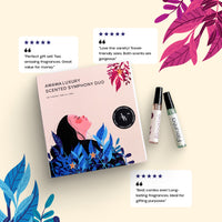 “Scented Symphony Duo box with Bloomé and Fleuréa minis and customer review stars on beige background”