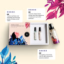 “Scented Symphony Duo box with Bloomé and Fleuréa minis plus Ornate body mist, surrounded by customer review stars”