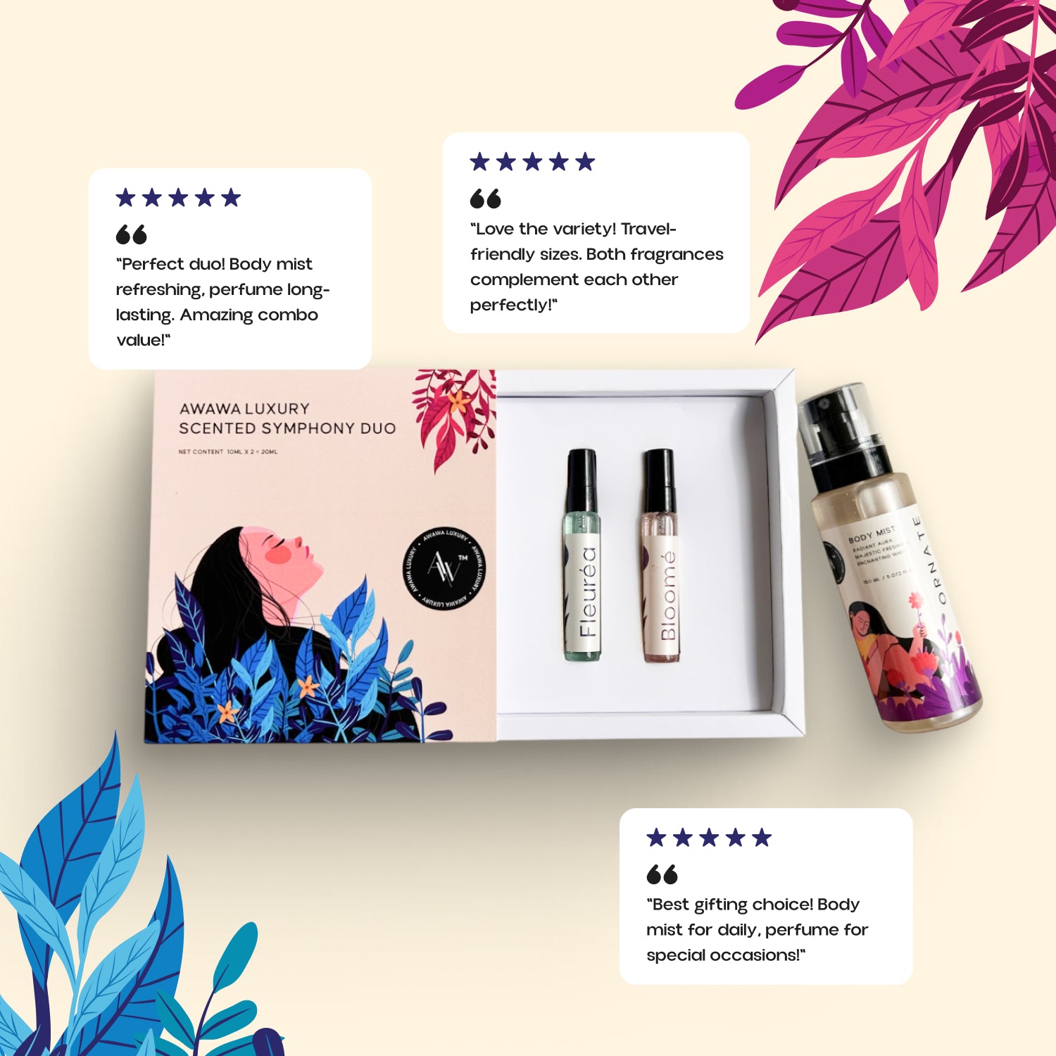“Scented Symphony Duo box with Bloomé and Fleuréa minis plus Ornate body mist, surrounded by customer review stars”