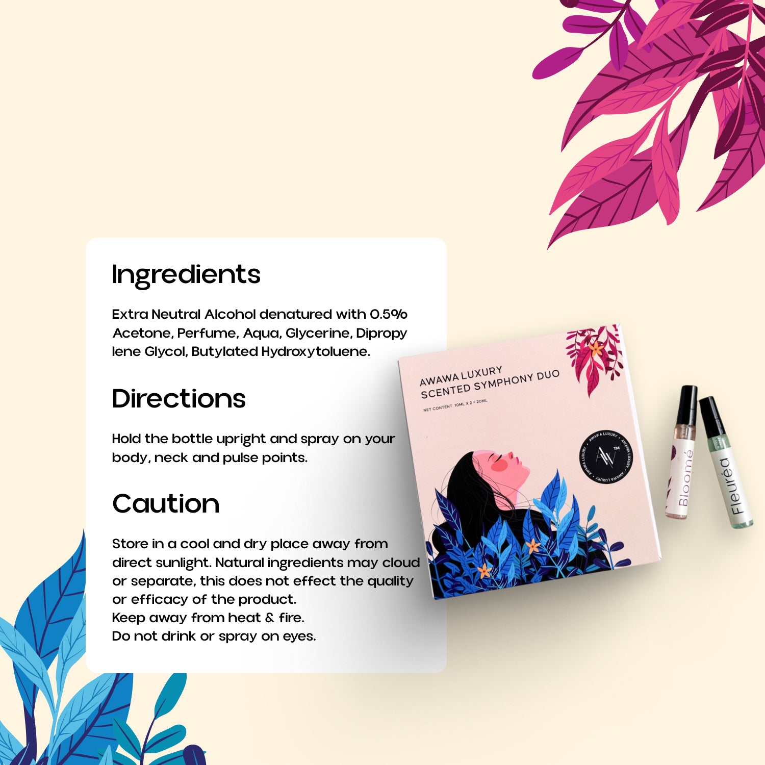 “Scented Symphony Duo ingredients, directions and caution card with Bloomé and Fleuréa minis”