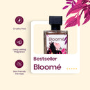 “Bloomé perfume bestseller card showing bottle with icons for cruelty free, long lasting, skin friendly”