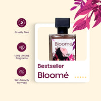 “Bloomé perfume bestseller card showing bottle with icons for cruelty free, long lasting, skin friendly”