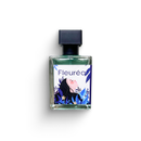 "Fleureá perfume, square glass bottle with black cap and illustrated floral label, front view."