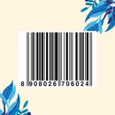 "EAN‑13 barcode 8908026706024 on a white card with blue leaves in the corners"