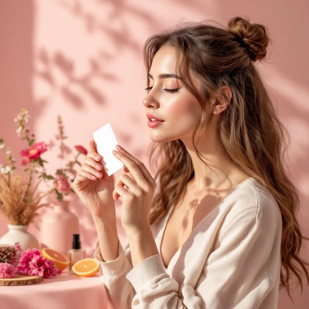 “Woman sampling a floral perfume on a scent strip at a pink table with citrus slices and flowers, soft natural light.”